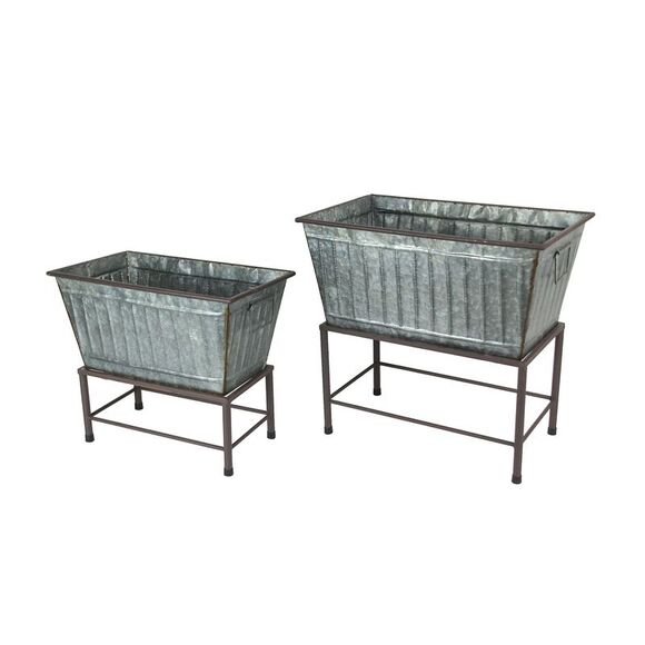 Set of 2 Galvanized Zinc Finish Metal Tub Planters On Stands - Picture 1 of 4